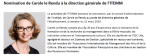 Nomination de Carole le Rendu à la direction générale de l’ITEMM