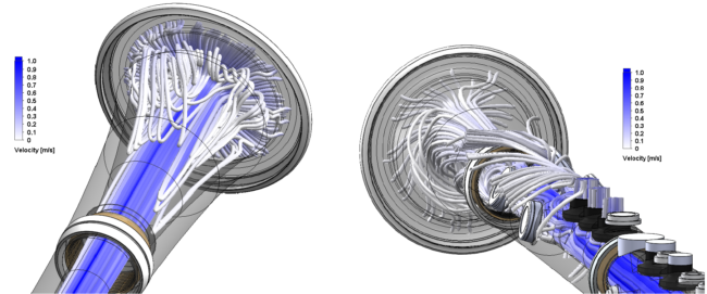 Champ de vitesses au pavillon de la clarinette avec présence d’une charlotte, simulations par Tristan SOUBRIÉ, ANDHEO
